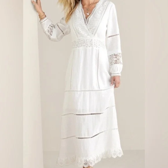 NWOT Soft Surroundings Araminta White Linen and Lace Maxi Dress Women’s Size 12 - Picture 1 of 10